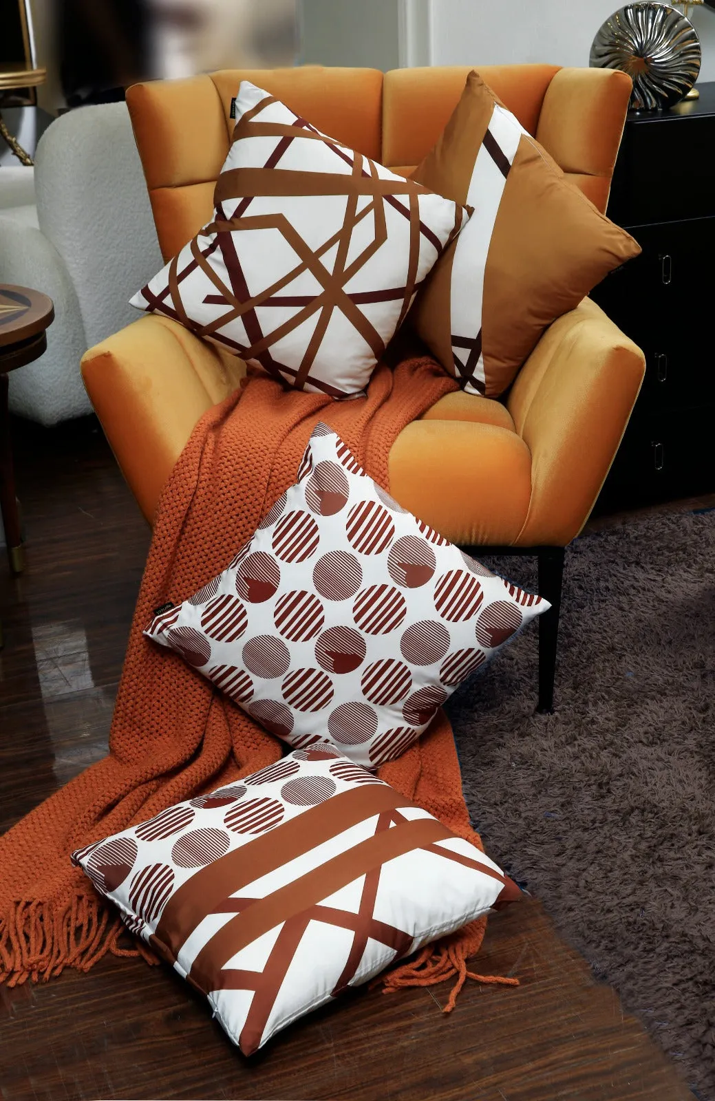 4 PCs Digital Printed Cotton Cushions-Brown Geometric