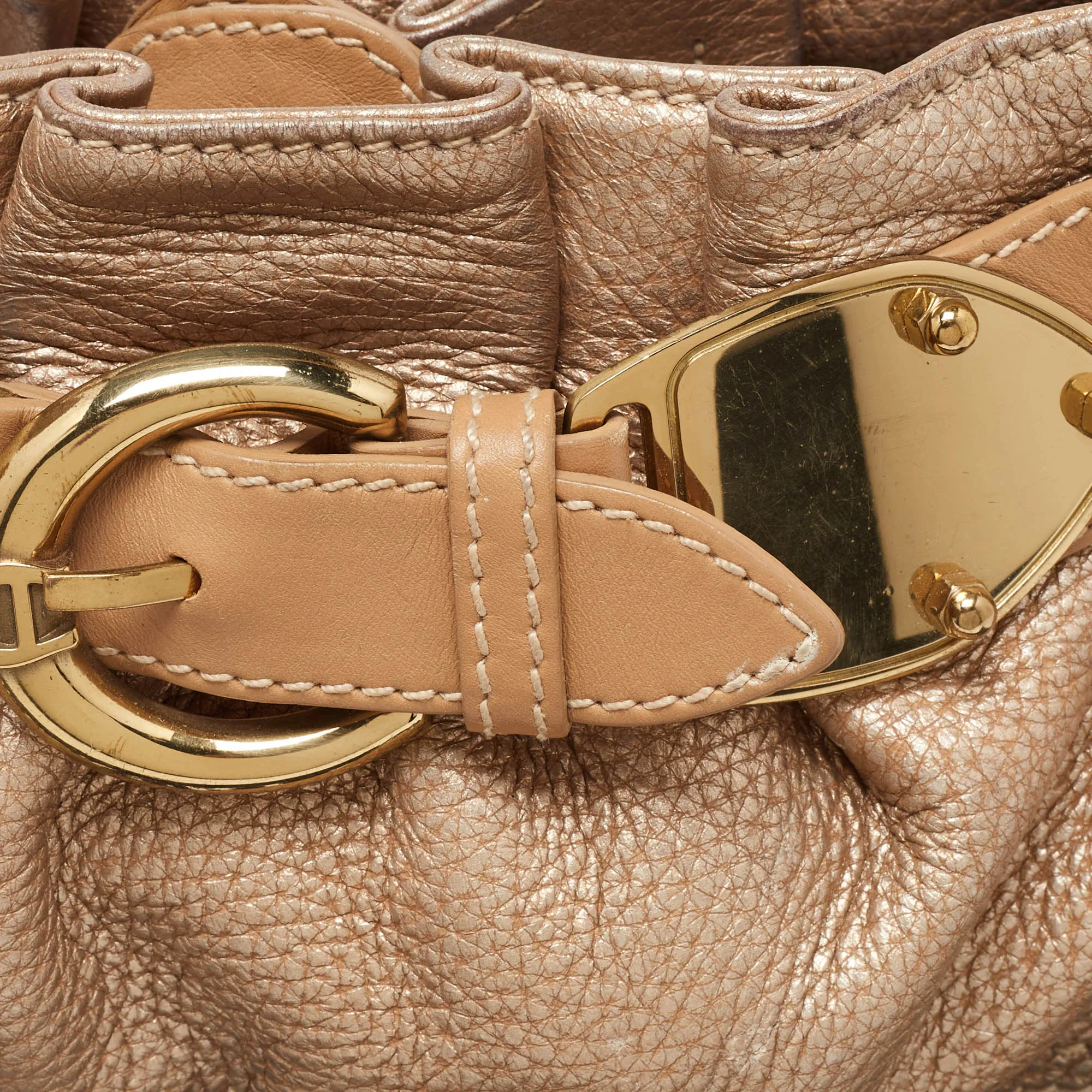 AIGNER Metallic Beige Leather Buckle Satchel