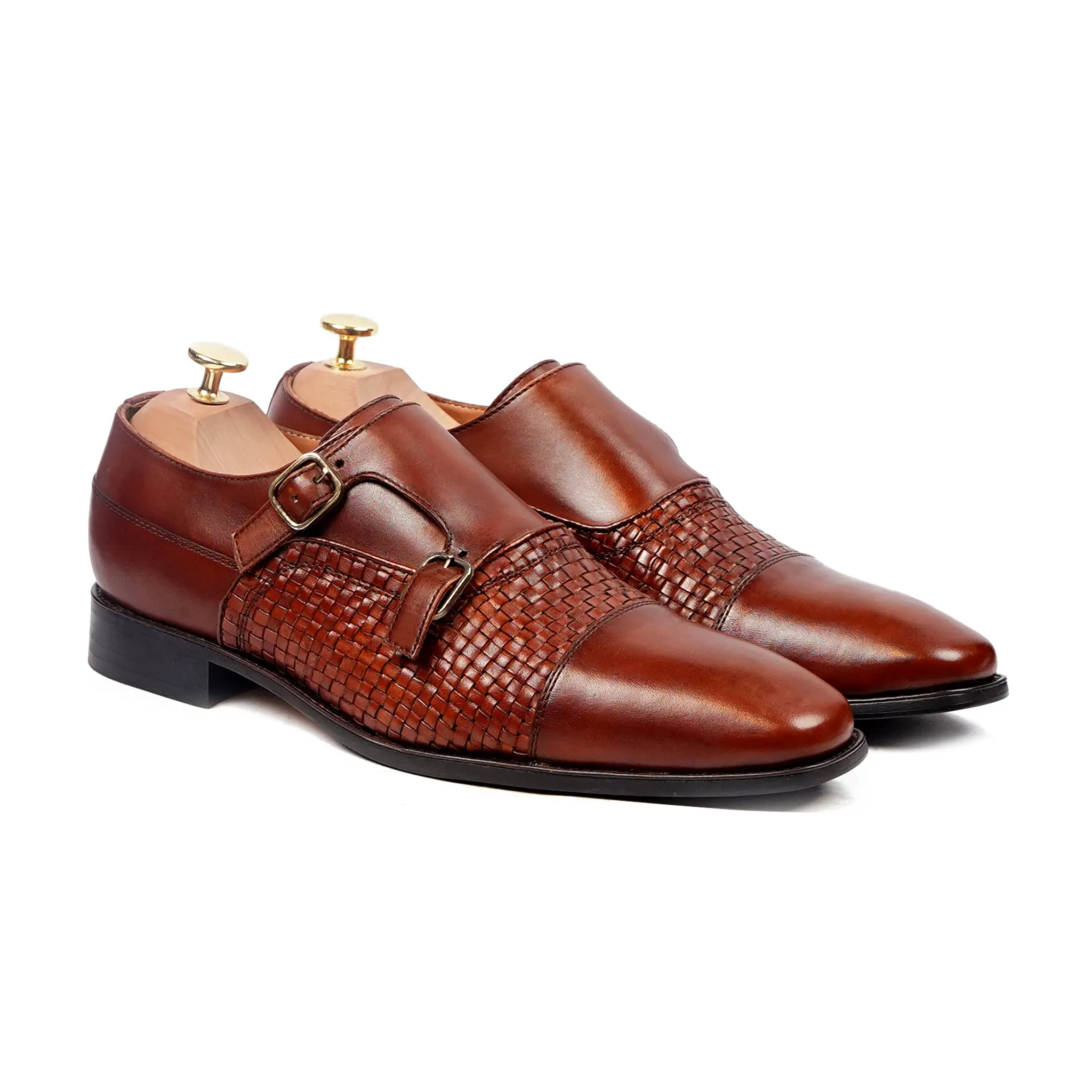 Alingsas - Men's Reddish Brown Hand Woven Calf Leather Double Monkstrap