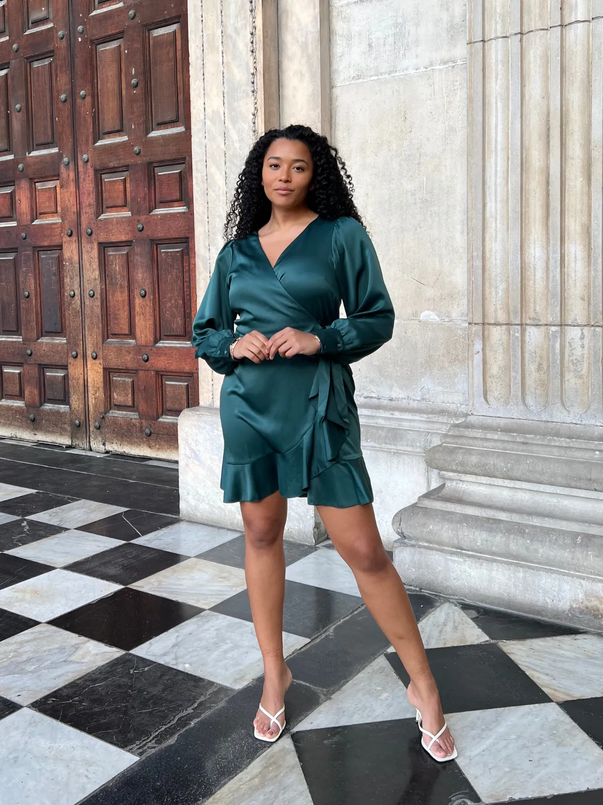 Bobbi Wrap Satin Mini Dress / Forest Green