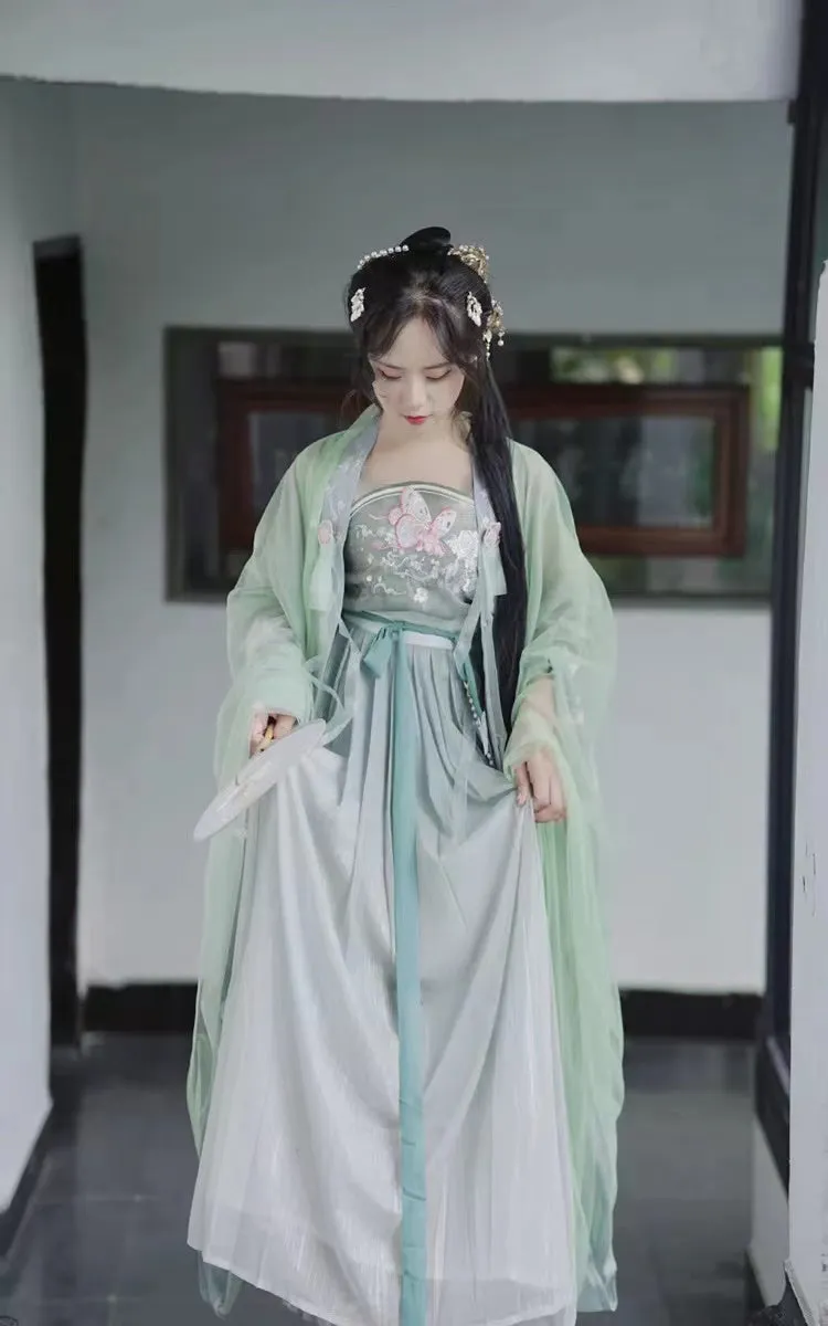 Chinese Style Vintage Flower Embroidery Sprout Green Hanfu Clothing Costume Daily Wear(4PCS)