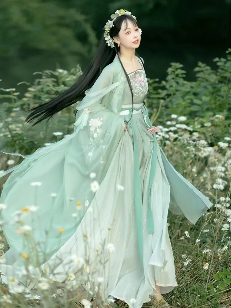 Chinese Style Vintage Flower Embroidery Sprout Green Hanfu Clothing Costume Daily Wear(4PCS)