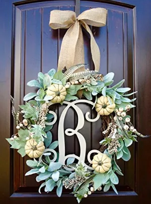 Fall Thanksgiving Door Wreath with Cream Pumpkins and Berry Accents with Lambs Ear and Faux Feathers 20-22" Diameter