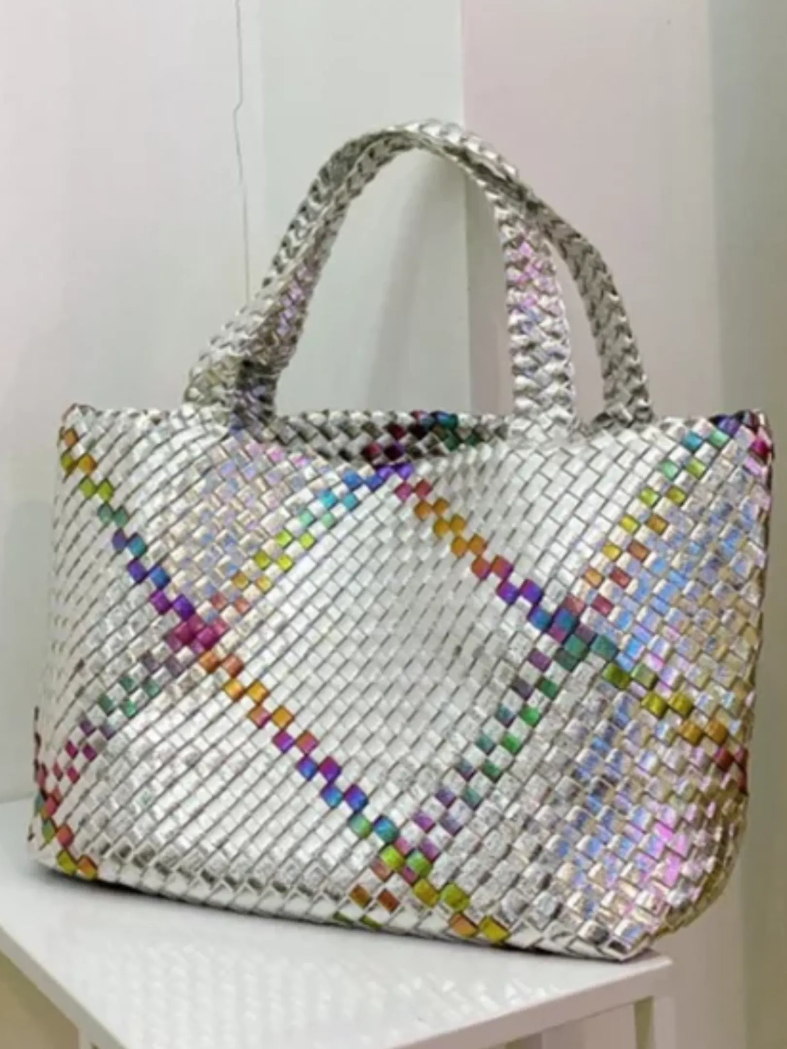 Hand Weave PU Vegan Leather Tote Bag- Silver Metallic Pastel