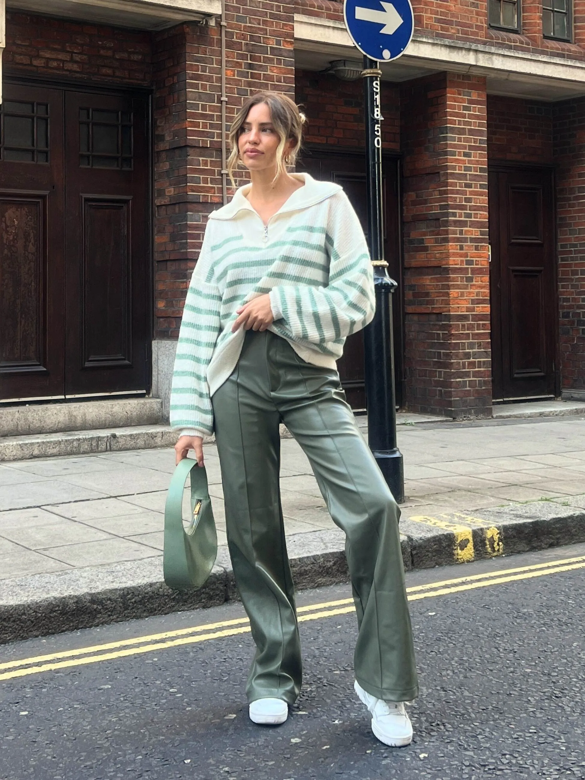 Kianna Stripe Quater Zip Knitted Jumper / Sage