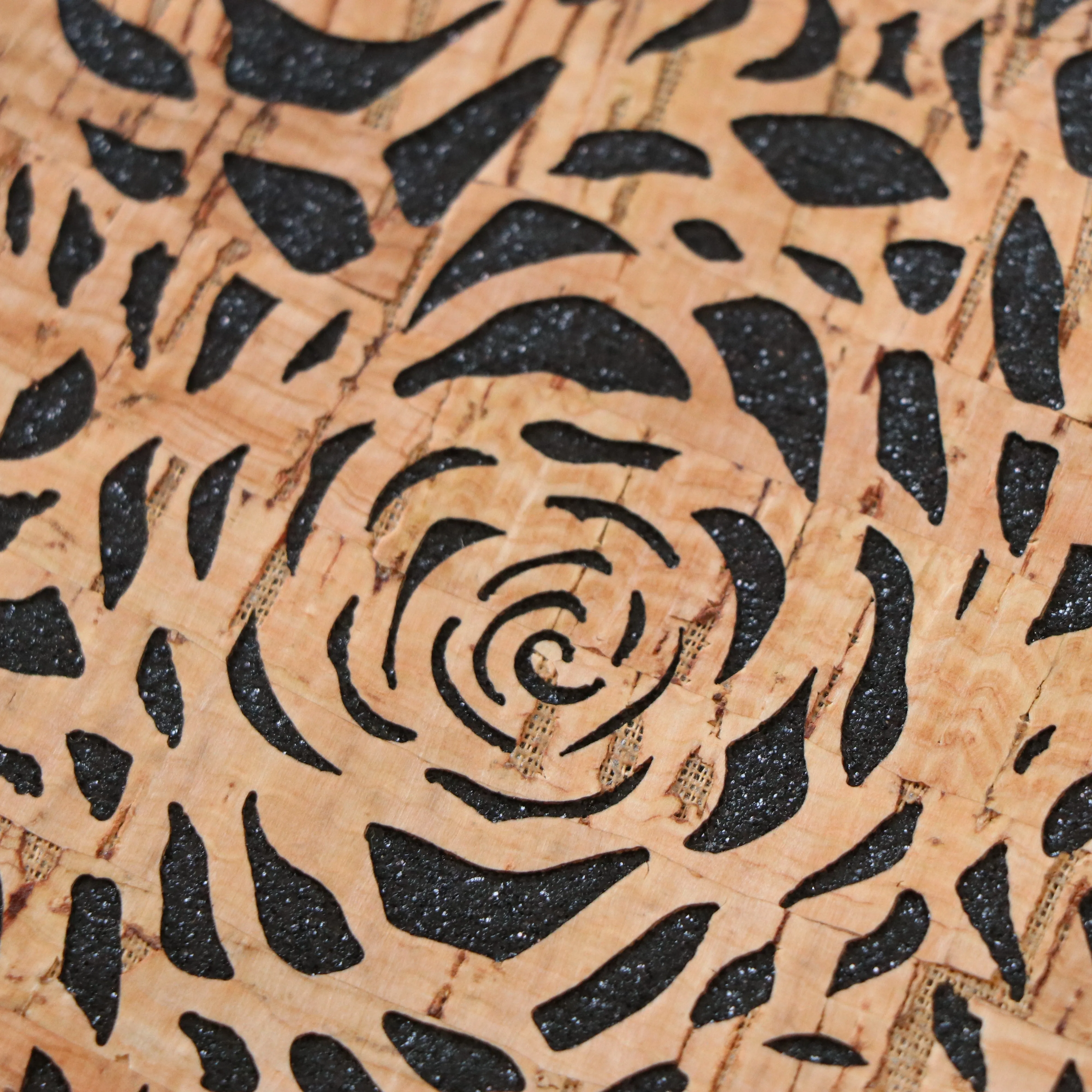 Lite Black Glitter Backed Roses Cork Fabric