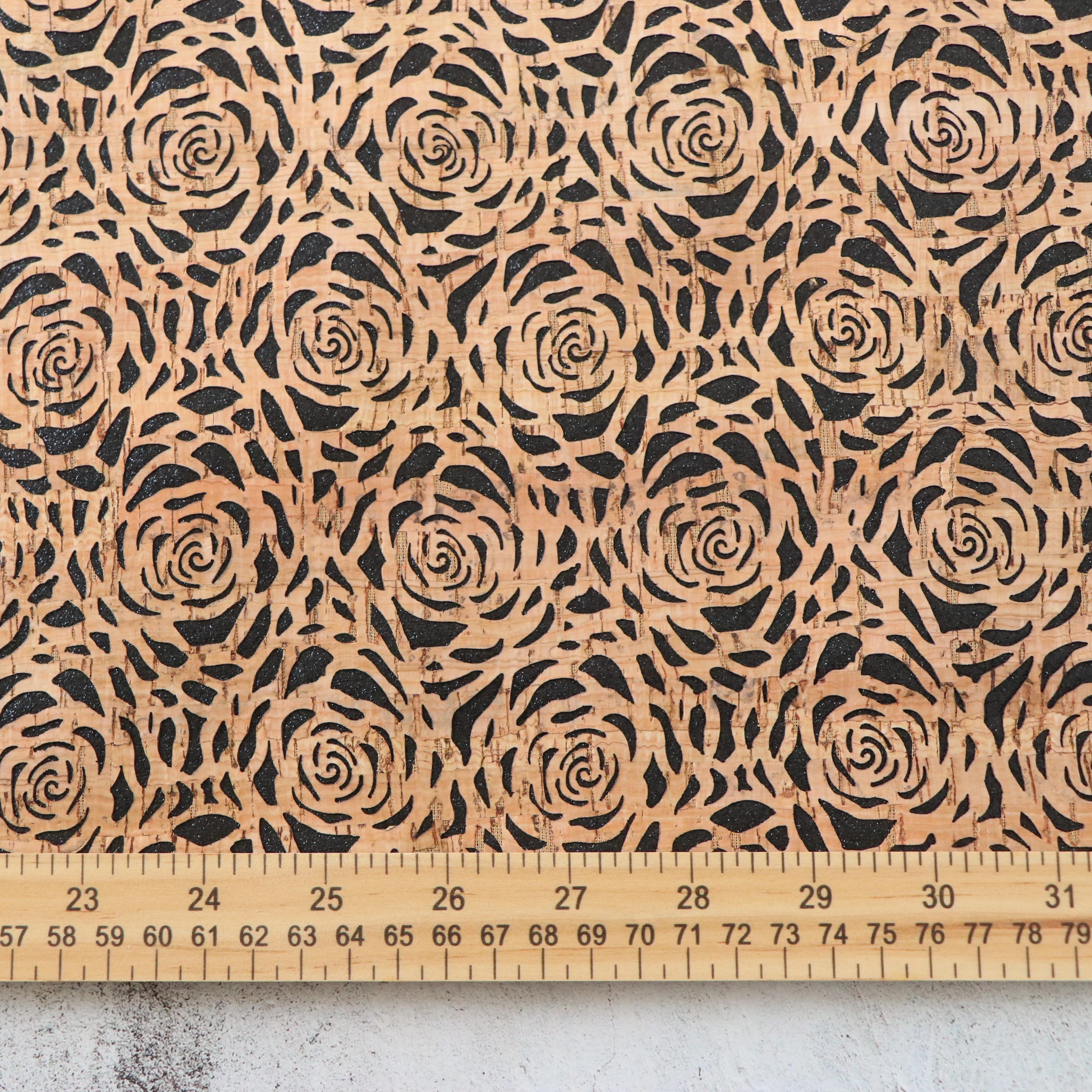 Lite Black Glitter Backed Roses Cork Fabric