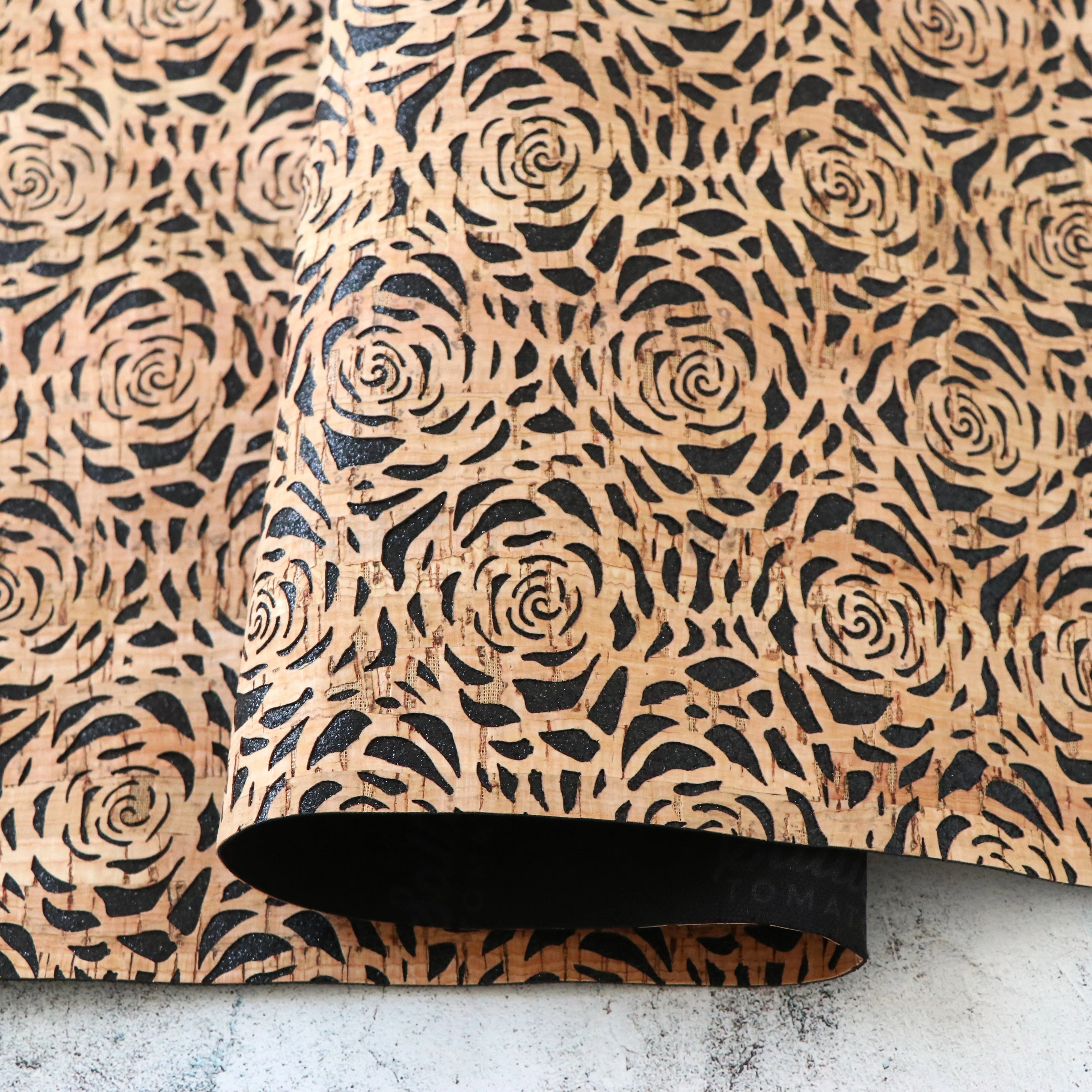 Lite Black Glitter Backed Roses Cork Fabric