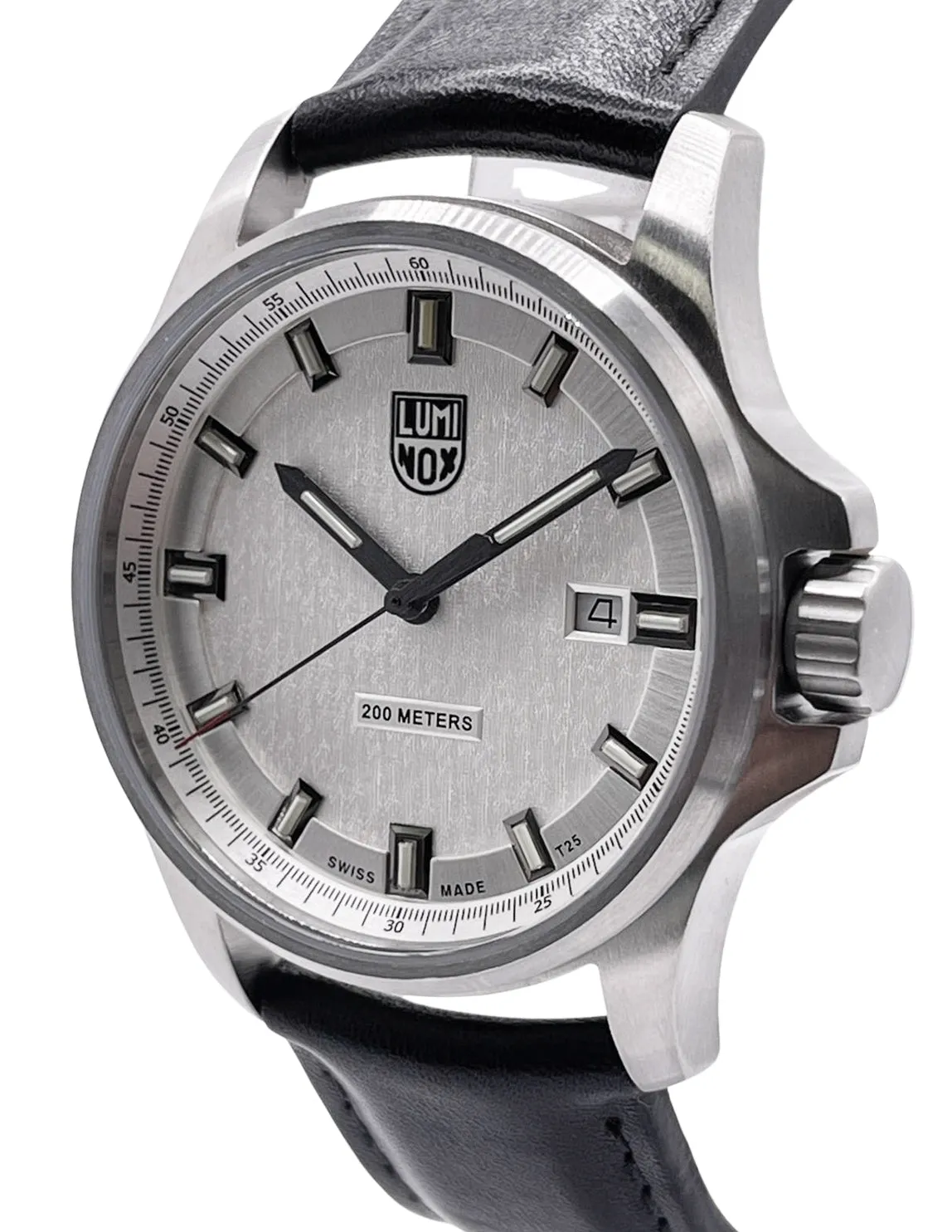 Luminox Dress Field Stainless Steel Silver Dial Black Leather Strap Date Divers Quartz Mens Watch XL.1839