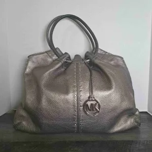 Michael Kors Metallic Pewter Pebbled Leather Double Handle Tote Handbag