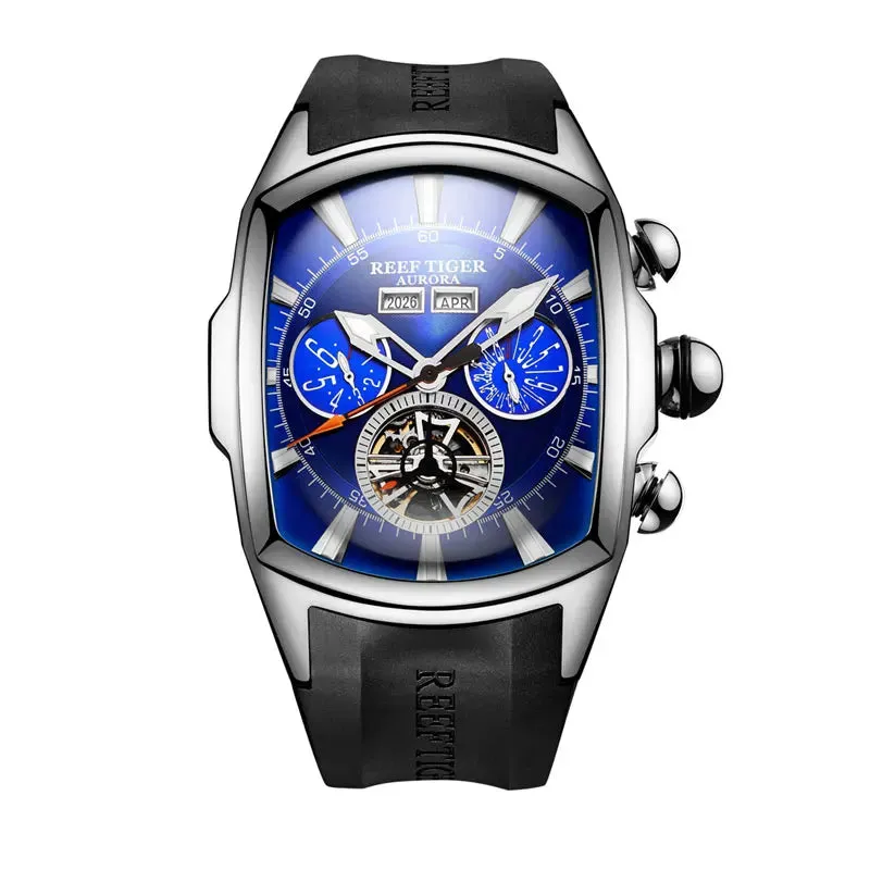 Reef Tiger Luxury Men's Automatic Watch Tonneau Tourbillon Luminous Hands Calendar 100m Waterproof Sports Mechanical Wristwatch