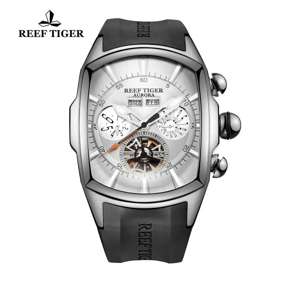 Reef Tiger Luxury Men's Automatic Watch Tonneau Tourbillon Luminous Hands Calendar 100m Waterproof Sports Mechanical Wristwatch