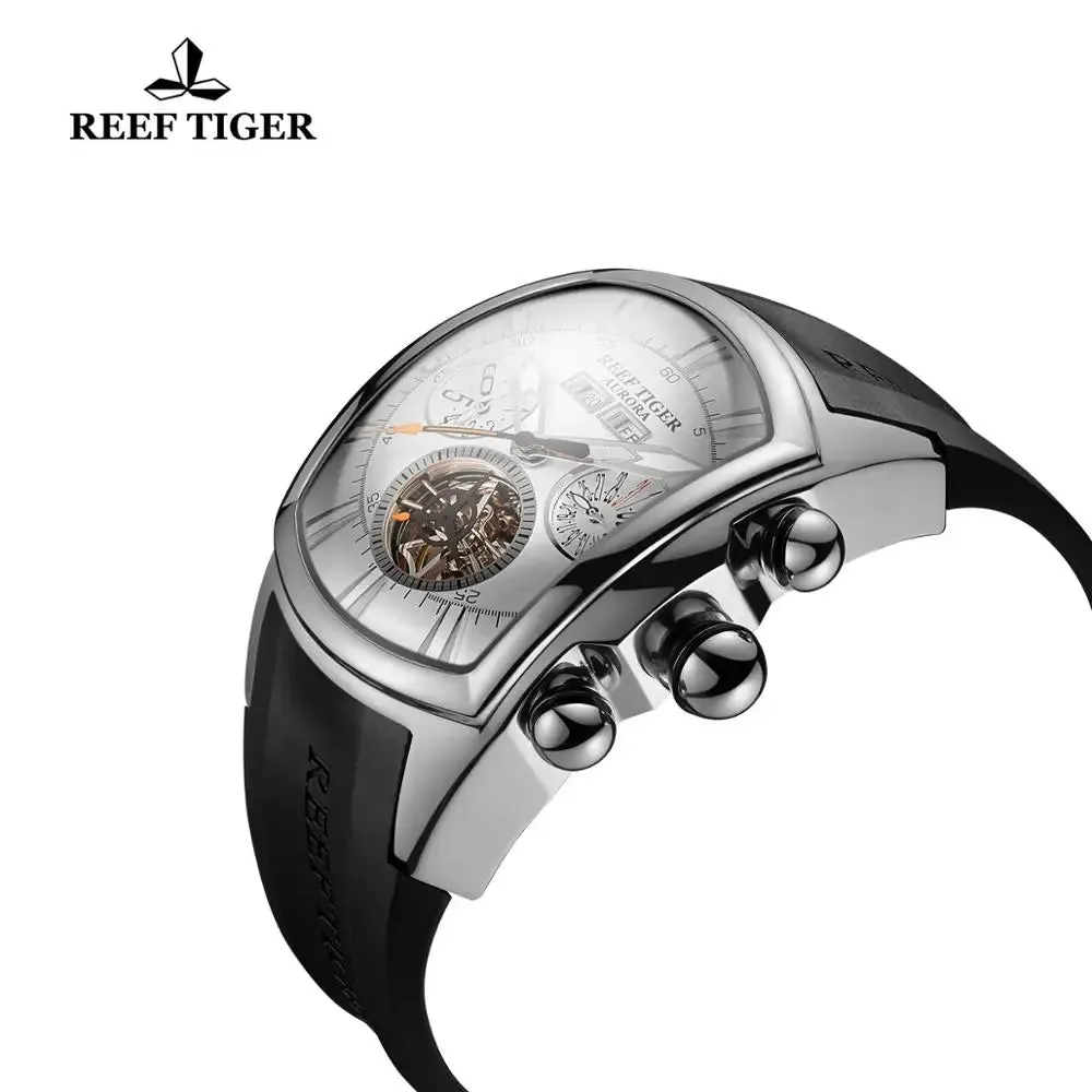 Reef Tiger Luxury Men's Automatic Watch Tonneau Tourbillon Luminous Hands Calendar 100m Waterproof Sports Mechanical Wristwatch