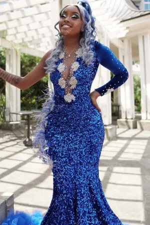 Royal Blue Sequin One Sleeve Designer Feather Mermaid Prom Dress